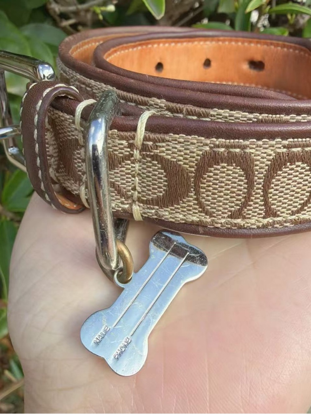 Coach Vintage Signature Canvas & Leather Dog Collar Brown with Bone Charm - Picture 6 of 8